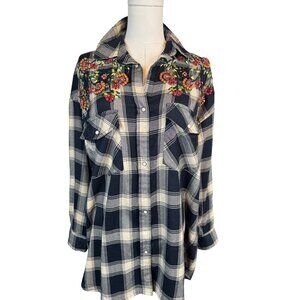 2/$30 ZARA S Plaid Navy Blue Longline Shirt Jacket Floral Beading & Snaps